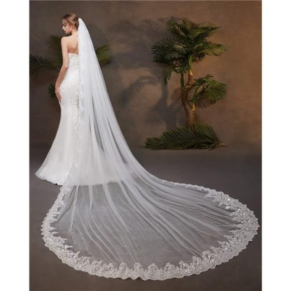 Women\'s Long Cathedral Sequin Lace Wedding Bridal Veil With Metal Comb main image 4